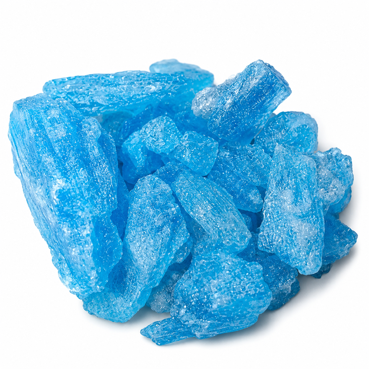 Vibrant sky blue crystalline pieces arranged on a clean white surface